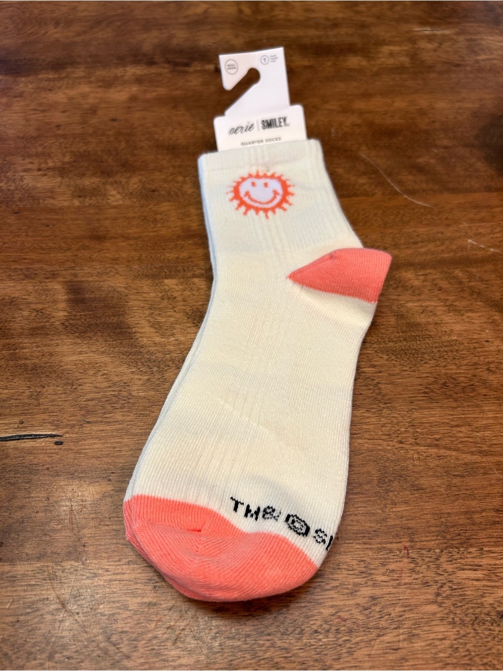 Aerie Cream Crew Socks with Coral Sun Smiley